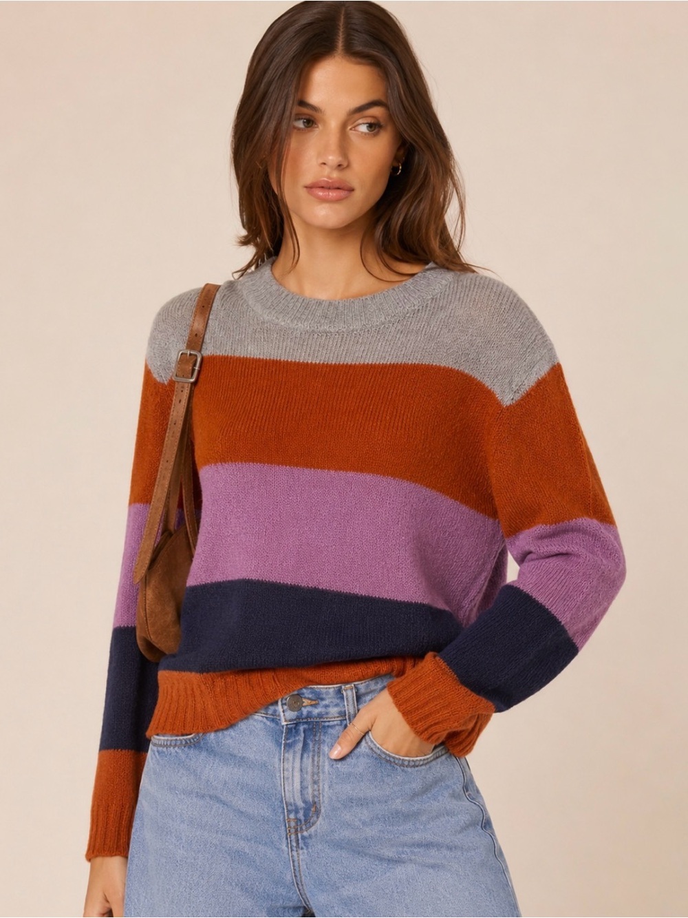 Numph‎ Striped Mohair Wool Lightweight Sweater XS Grey Orange Purple Navy Beach